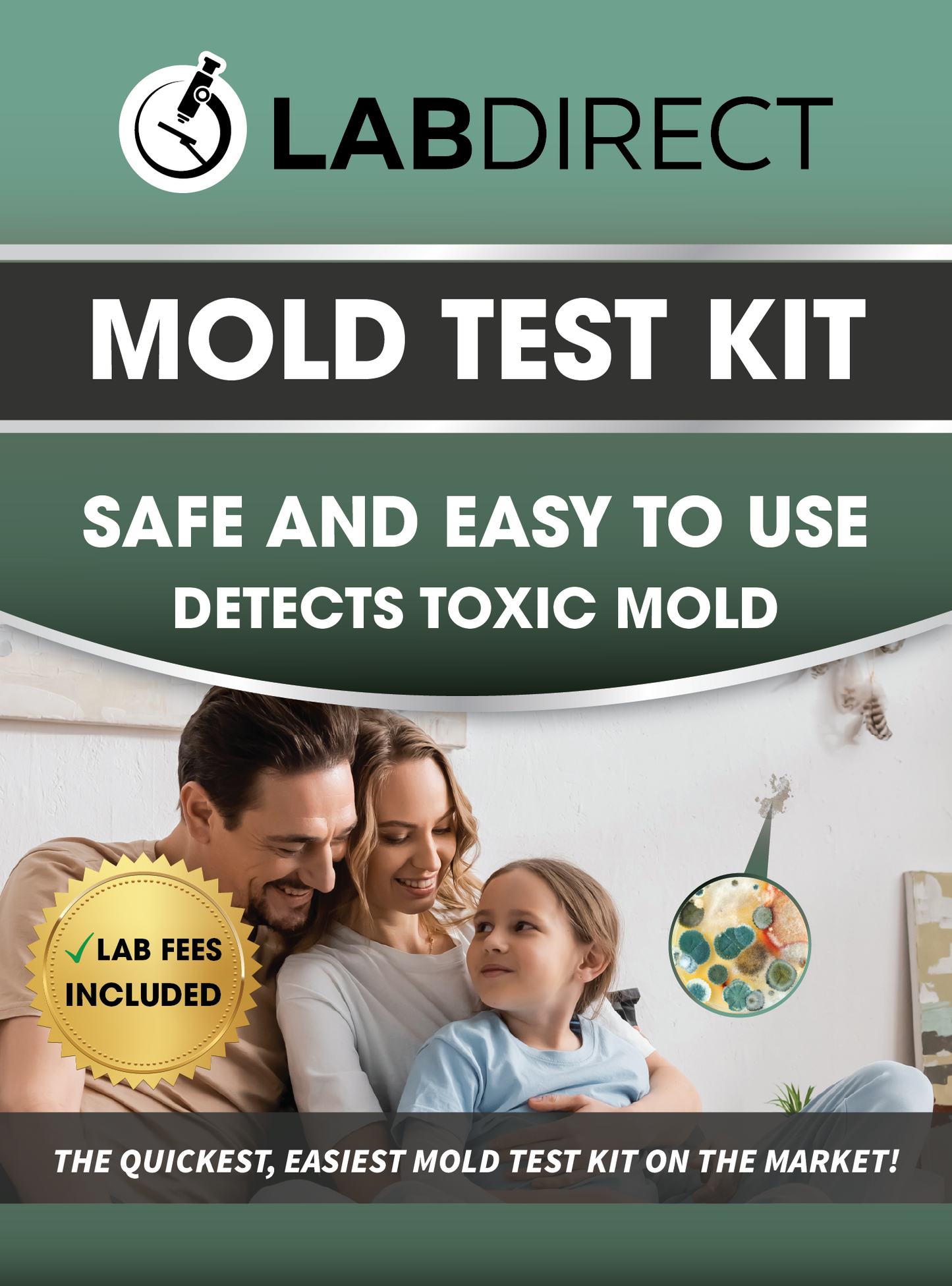 The LabDirect Mold Test Kit is easy to use and comes with clear instructions featuring four comprehensive testing methods in one convenient package. Click or tap on the image for product details. The lab analysis fee is included.