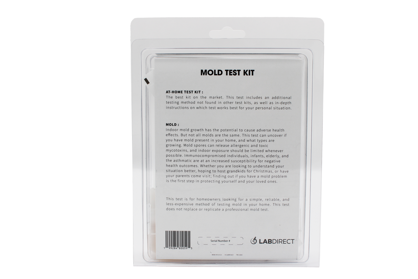 The LabDirect Mold Test Kit is easy to use and comes with clear instructions featuring four comprehensive testing methods in one convenient package. Click or tap on the image for product details. A $35 Lab Analysis fee per test is required.