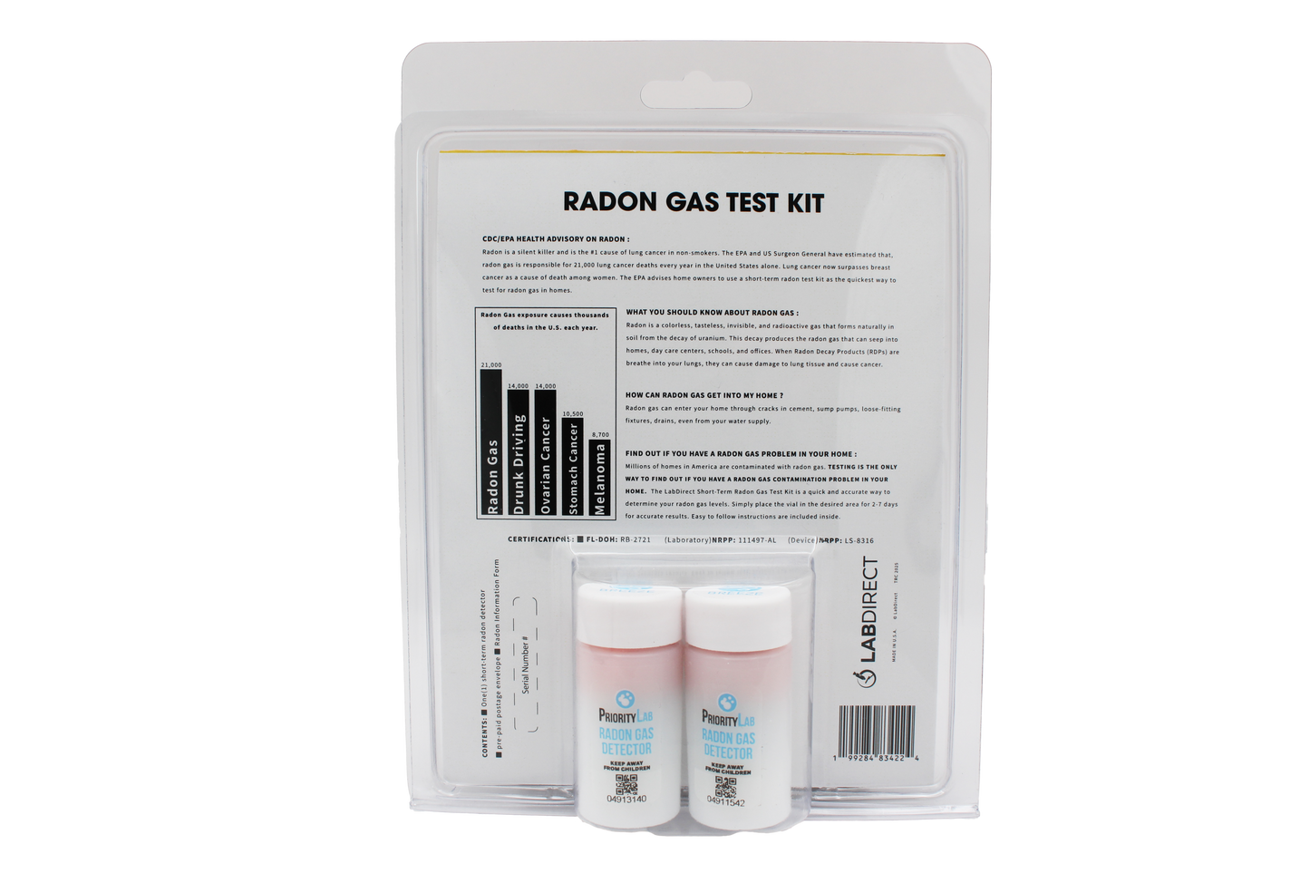 The LabDirect Radon Test Kit comes with a simple detector, and no tools or technical knowledge is required. Click or tap on the image for product details. A $20 lab analysis fee per test is required.